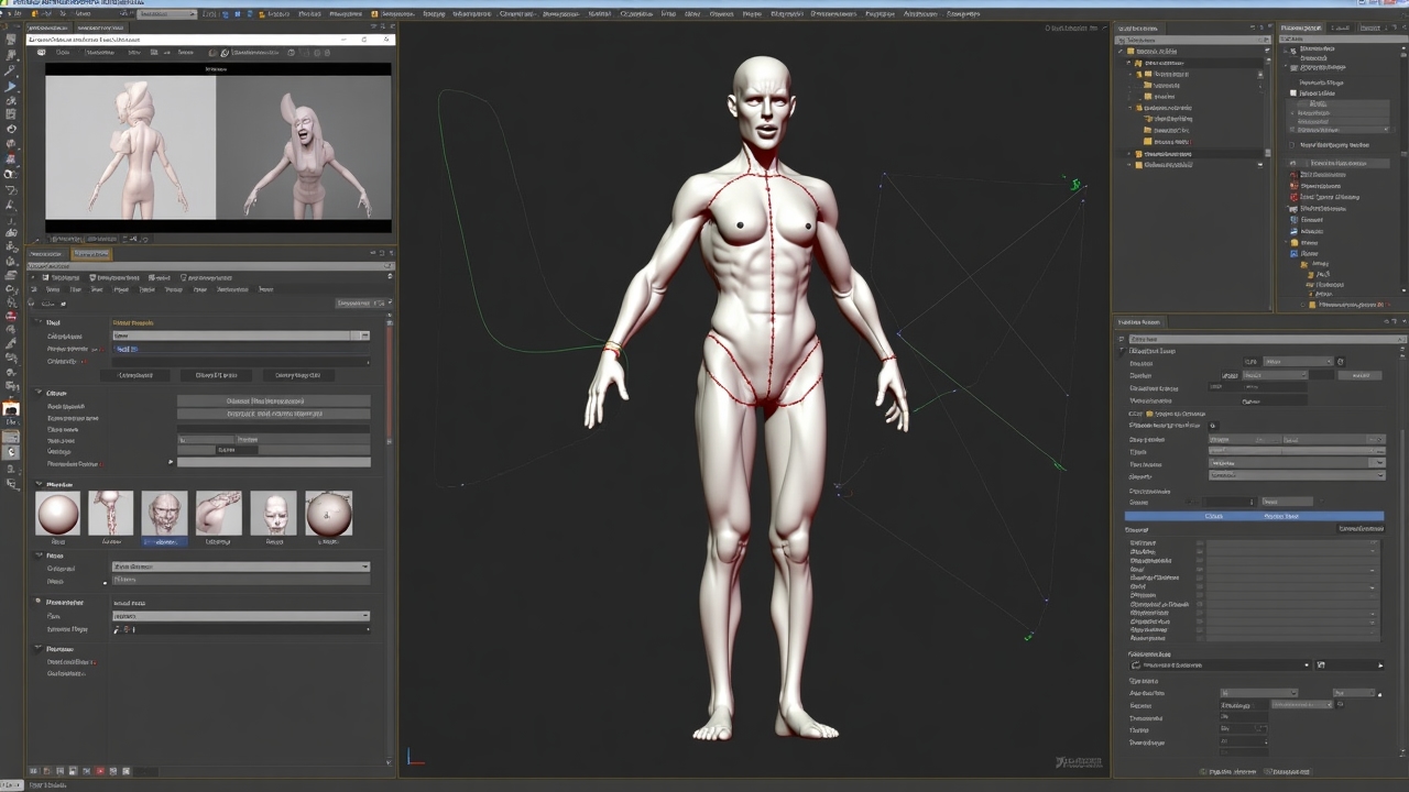 Character rigging workspace showing skeleton setup and animation timeline for humanoid character model