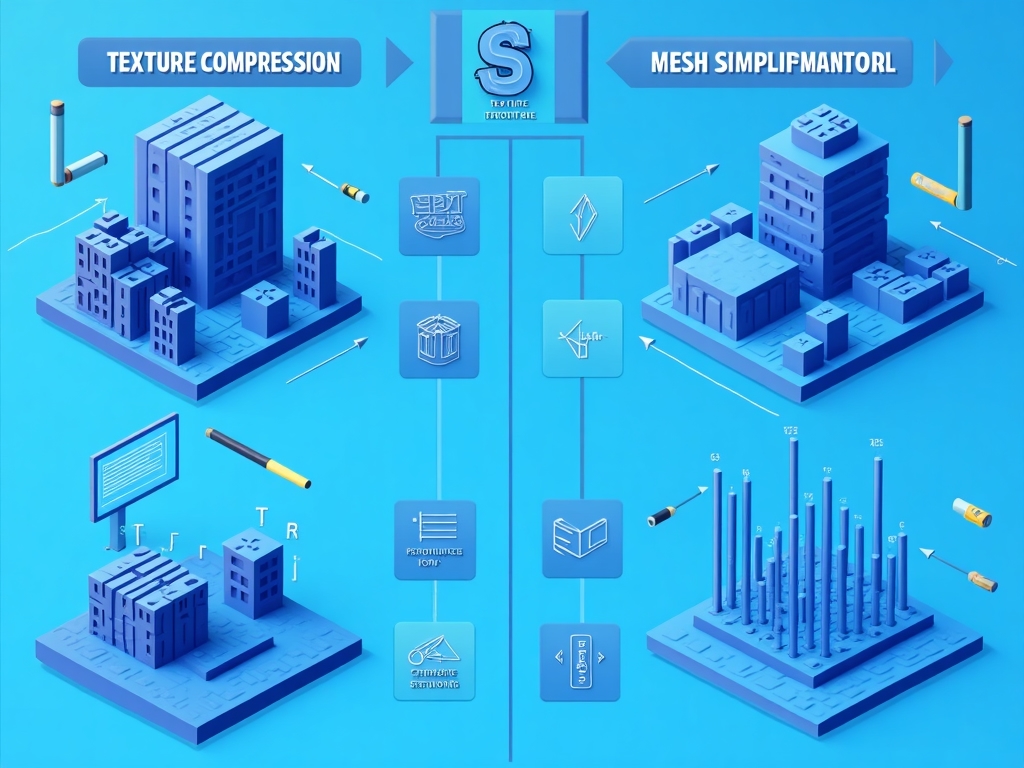 3D asset optimization workflow showing before and after polygon reduction, texture compression techniques for WebGL