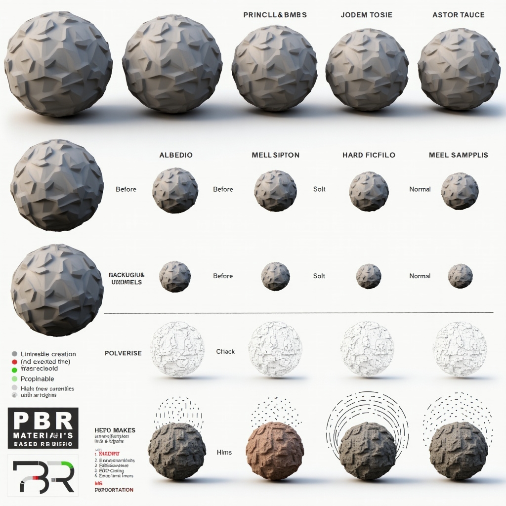 PBR material workflow showing various texture maps and rendering stages from base model to final output
