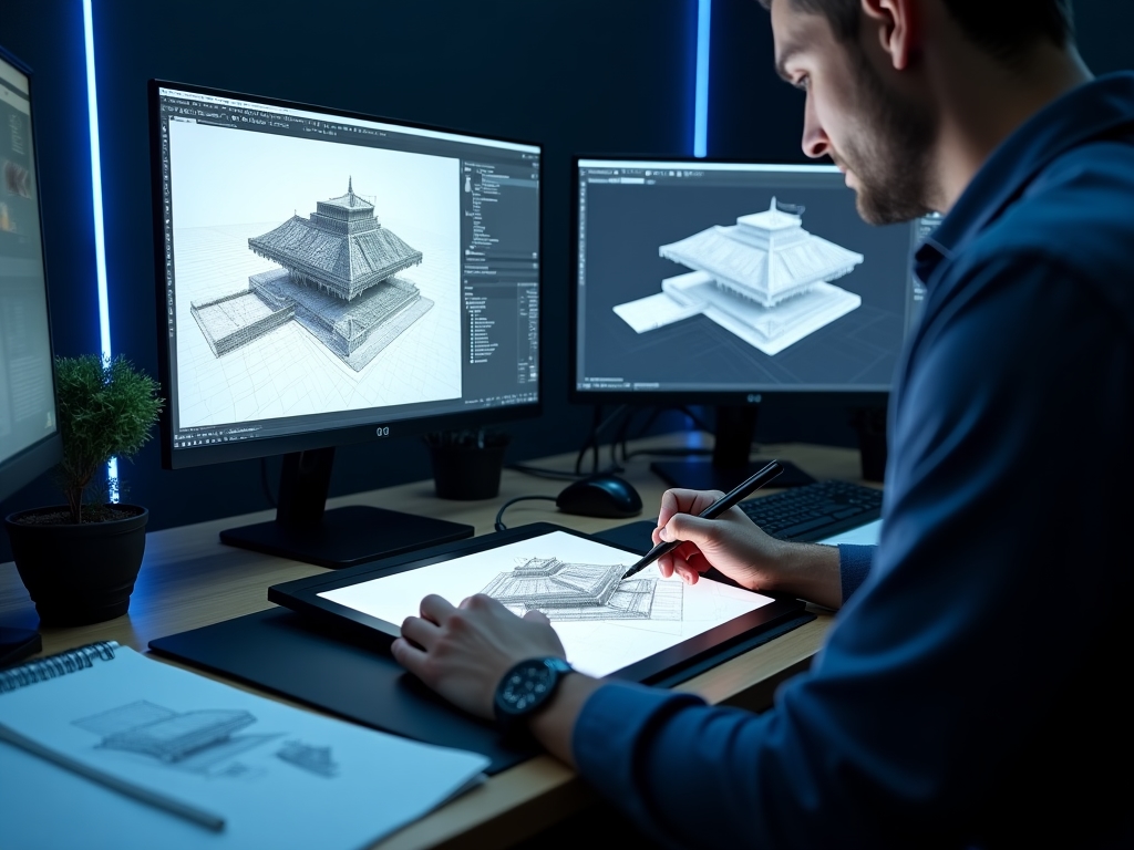 Professional 3D artist working on detailed model with dual monitor setup showing wireframe and rendered views