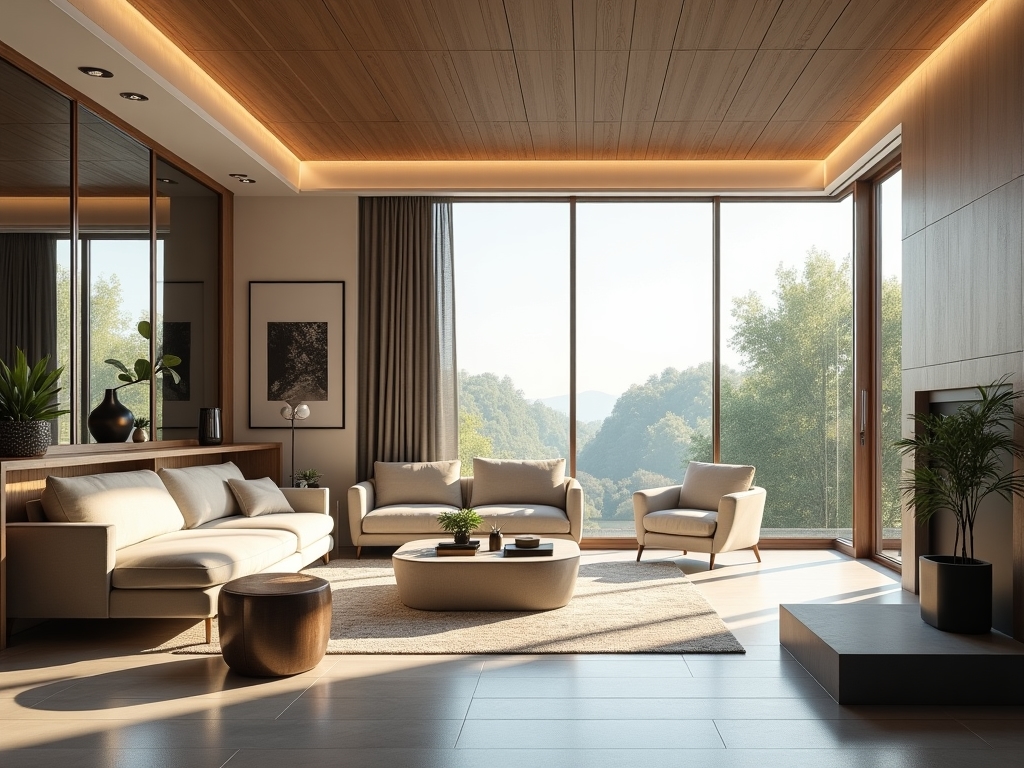 Architectural interior visualization with furniture and lighting